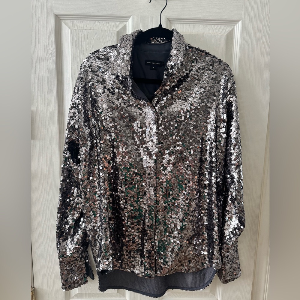 Good American Silver Sequin Jacket